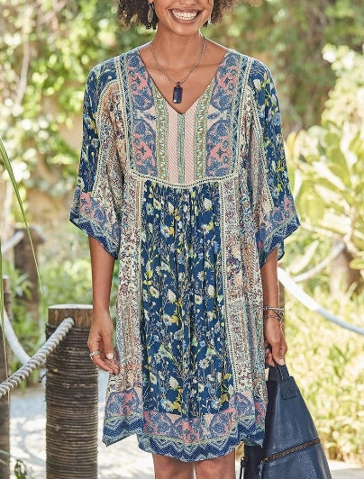 Half Sleeve Casual Cotton-Blend V Neck Weaving Dress