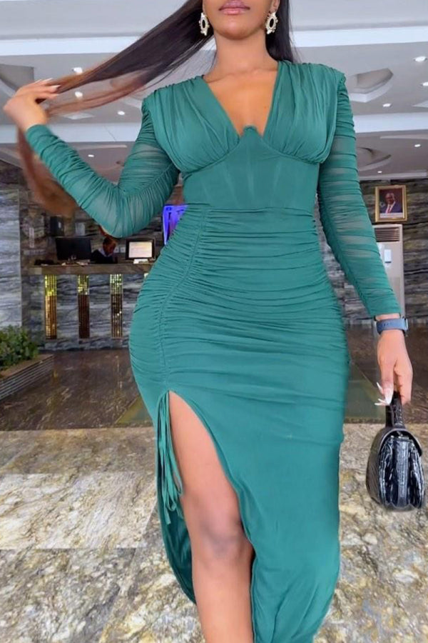 Green Casual Daily Elegant Slit Solid Color Asymmetrical Collar Dresses