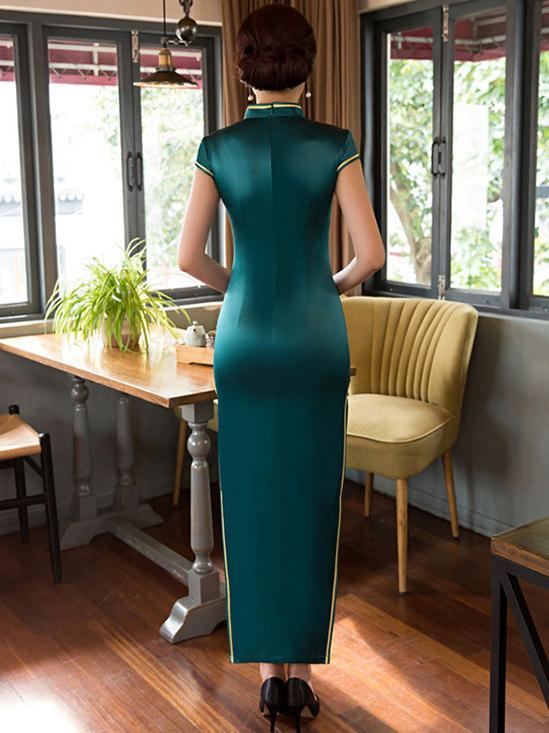 Green Side Split Long Cheongsam Dress