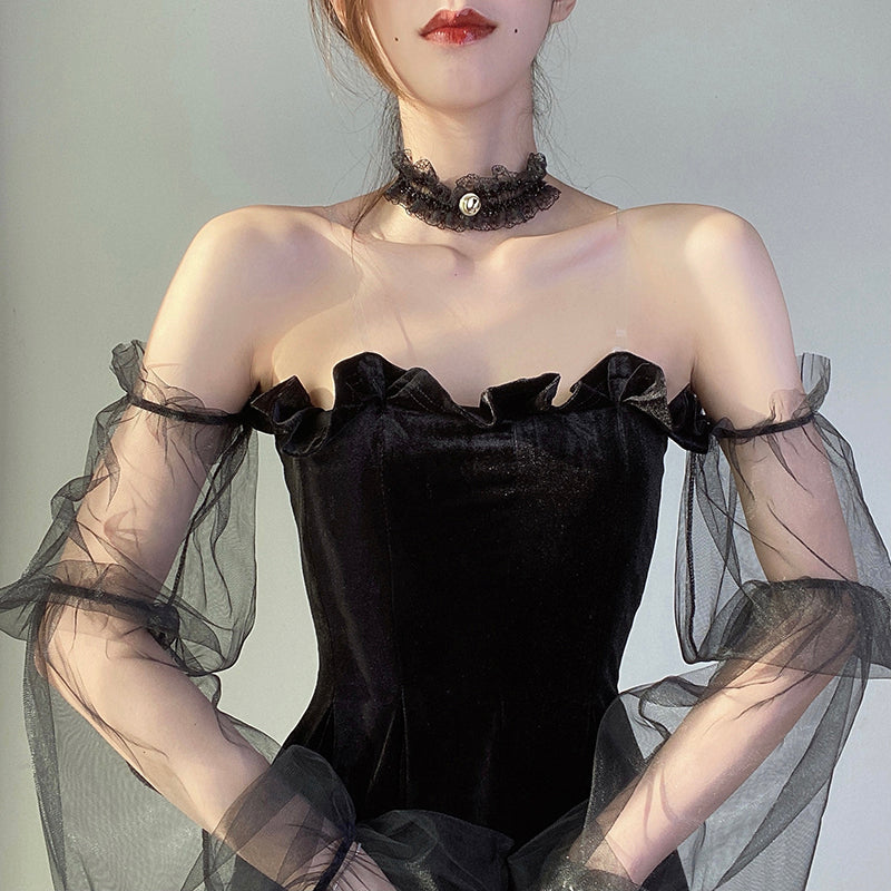 Gothic Sexy Dress Vintage Off Shoulder Lantern Sleeve Mesh Patchwork Velvet Mini Dress Dark Street Black Dress for Female