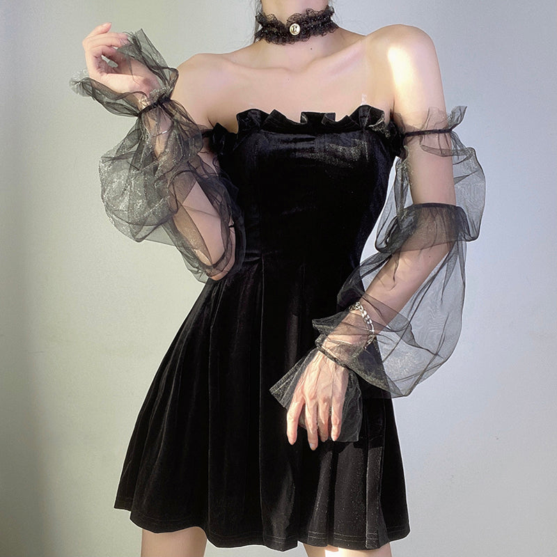 Gothic Sexy Dress Vintage Off Shoulder Lantern Sleeve Mesh Patchwork Velvet Mini Dress Dark Street Black Dress for Female