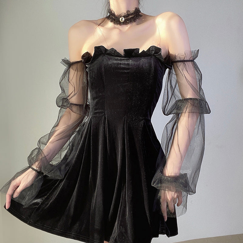 Gothic Sexy Dress Vintage Off Shoulder Lantern Sleeve Mesh Patchwork Velvet Mini Dress Dark Street Black Dress for Female