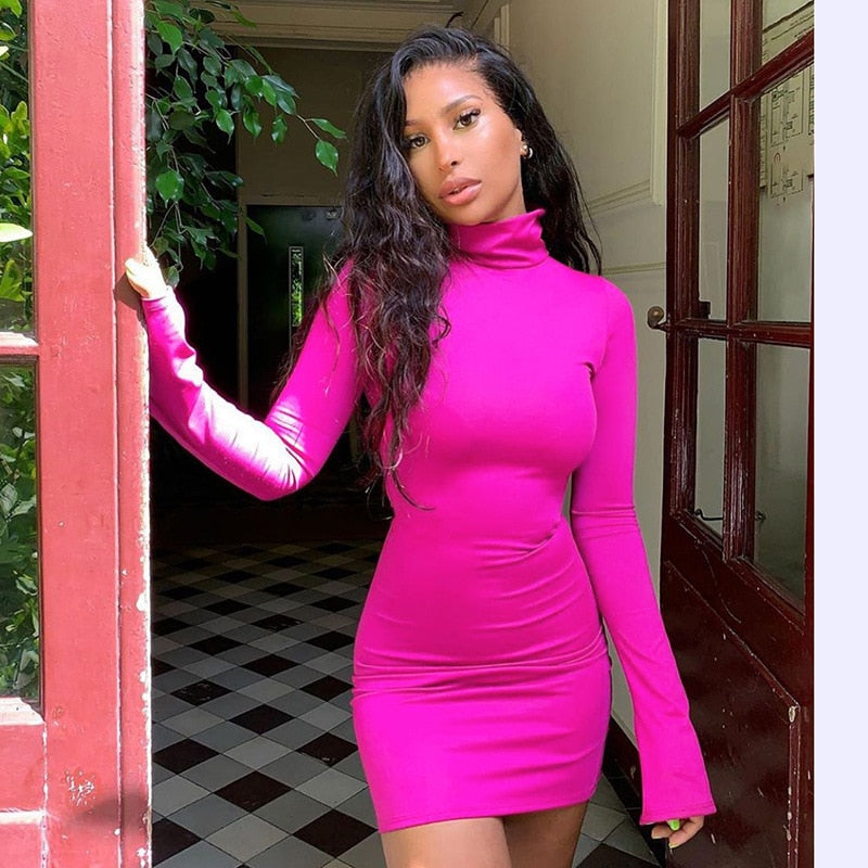 High Collar Long Sleeved Horn Sleeve Elastic Tight Knit Mini Short Dress