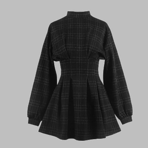 Goth Dress Gothic Harajuku Vintage Plaid Wrap Balck Mini Dress Retro Pleated Punk Long Sleeve Dark Emo Aesthetic Kpop