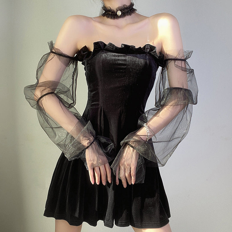 Gothic Sexy Dress Vintage Off Shoulder Lantern Sleeve Mesh Patchwork Velvet Mini Dress Dark Street Black Dress for Female