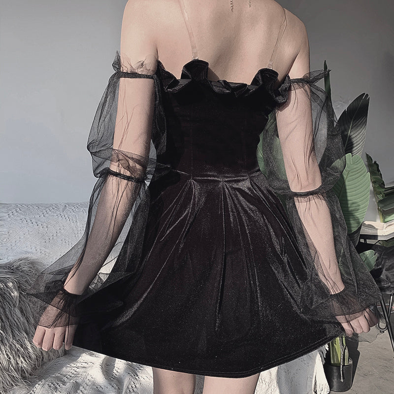 Gothic Sexy Dress Vintage Off Shoulder Lantern Sleeve Mesh Patchwork Velvet Mini Dress Dark Street Black Dress for Female