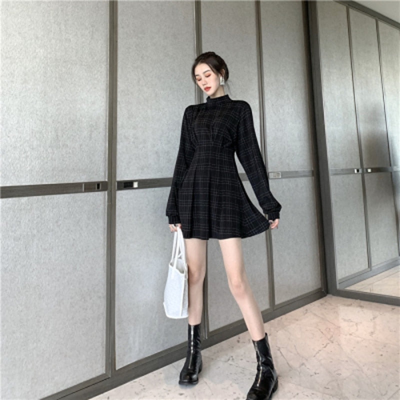 Goth Dress Gothic Harajuku Vintage Plaid Wrap Balck Mini Dress Retro Pleated Punk Long Sleeve Dark Emo Aesthetic Kpop