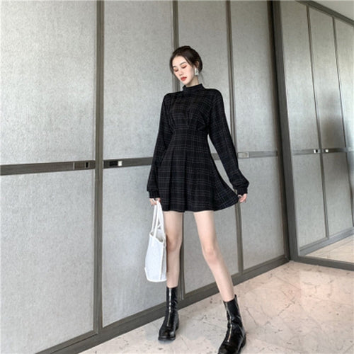 Goth Dress Gothic Harajuku Vintage Plaid Wrap Balck Mini Dress Retro Pleated Punk Long Sleeve Dark Emo Aesthetic Kpop