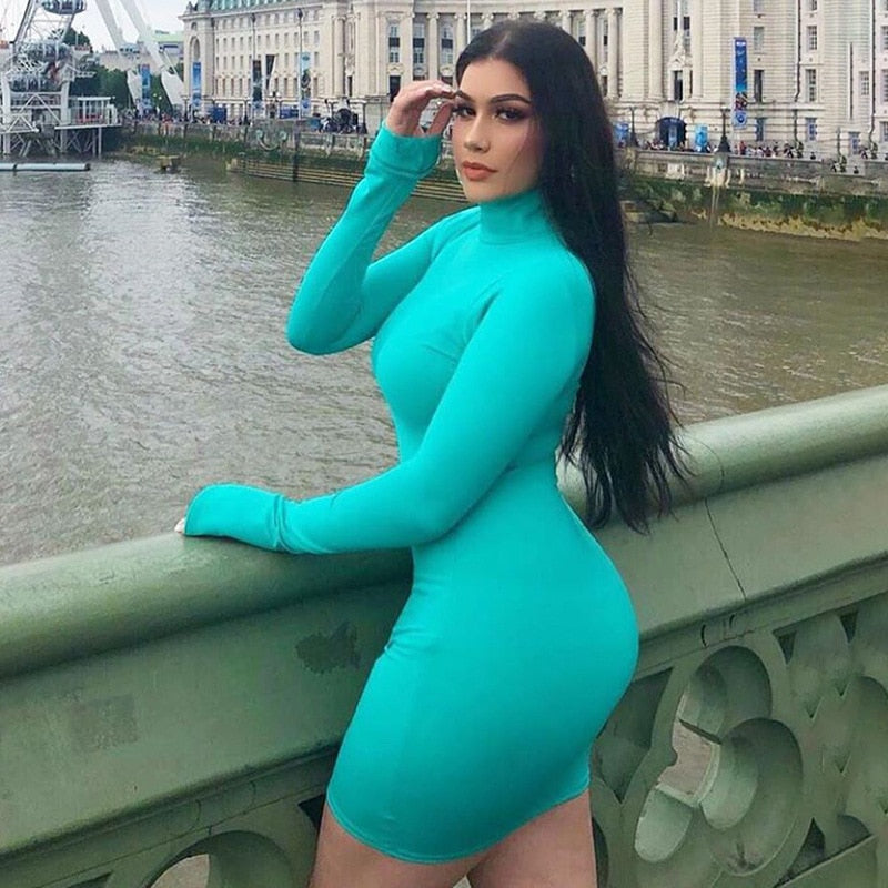 High Collar Long Sleeved Horn Sleeve Elastic Tight Knit Mini Short Dress
