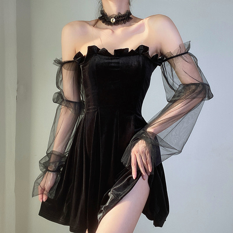 Gothic Sexy Dress Vintage Off Shoulder Lantern Sleeve Mesh Patchwork Velvet Mini Dress Dark Street Black Dress for Female