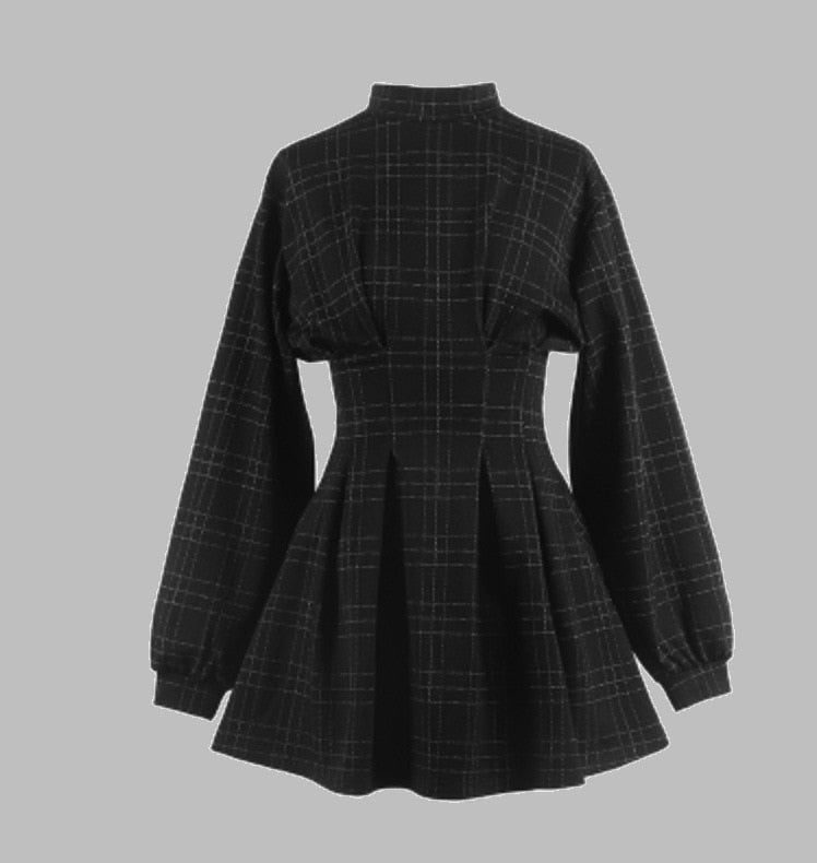 Goth Dress Gothic Harajuku Vintage Plaid Wrap Balck Mini Dress Retro Pleated Punk Long Sleeve Dark Emo Aesthetic Kpop