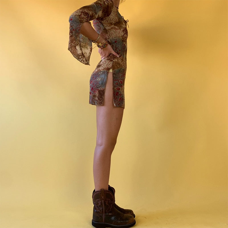 Grunge Vintage Bohemian Mini Dress Women Split Flare Sleeve Bodycon Wrap Short Dresses Ladies Streetwear Autumn