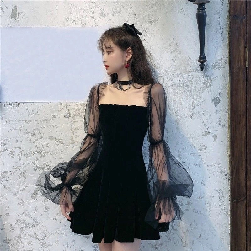 Gothic Sexy Dress Vintage Off Shoulder Lantern Sleeve Mesh Patchwork Velvet Mini Dress Dark Street Black Dress for Female