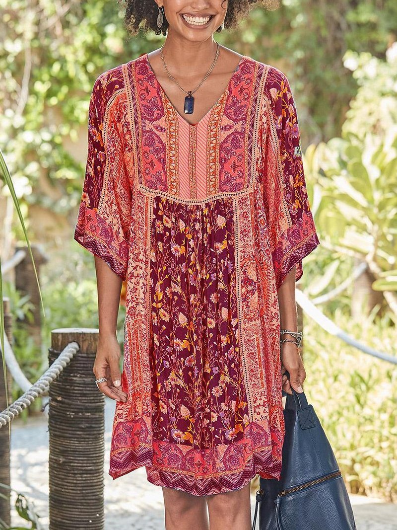 Half Sleeve Casual Cotton-Blend V Neck Weaving Dress