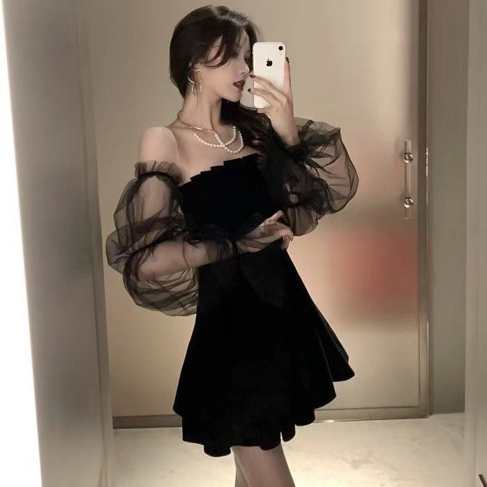 Gothic Sexy Dress Vintage Off Shoulder Lantern Sleeve Mesh Patchwork Velvet Mini Dress Dark Street Black Dress for Female