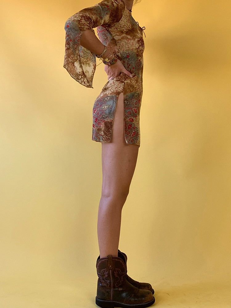 Grunge Vintage Bohemian Mini Dress Women Split Flare Sleeve Bodycon Wrap Short Dresses Ladies Streetwear Autumn