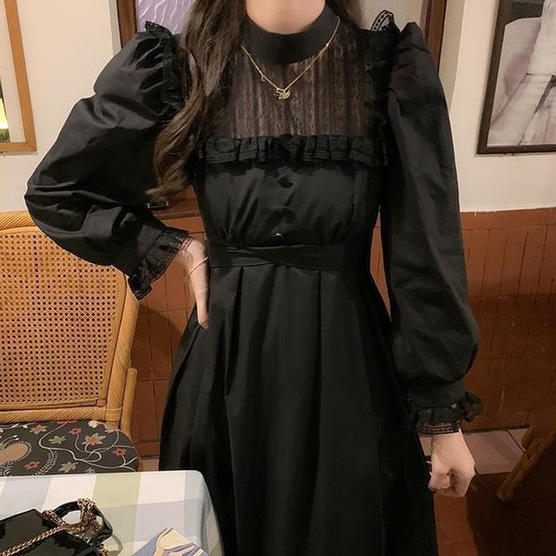 Gothic Black Lace Dress Women Casual Elegant Party Midi Ruffle Long Sleeve Dress Emo Y2k Goth Clothes 2022 Spring Robes