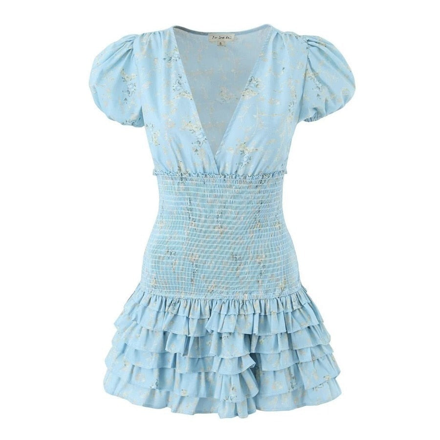 High Quality 2023 Holiday Summer Short Sleeve Blue Floral Women Ruffled A-line Mini Dress