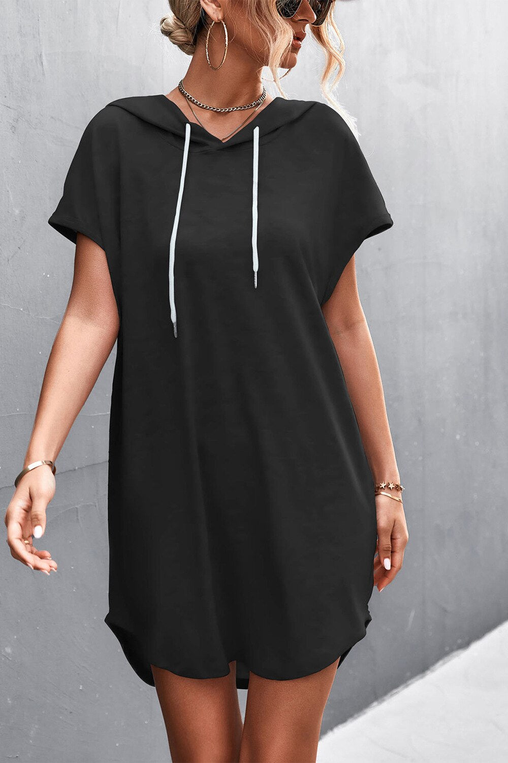 Grey Loose ShortSleeve Hooded Dress Women Streetwear Simple Casual Sports Dresses SolidColor Hoody Dress Casual Basic Mini Dress