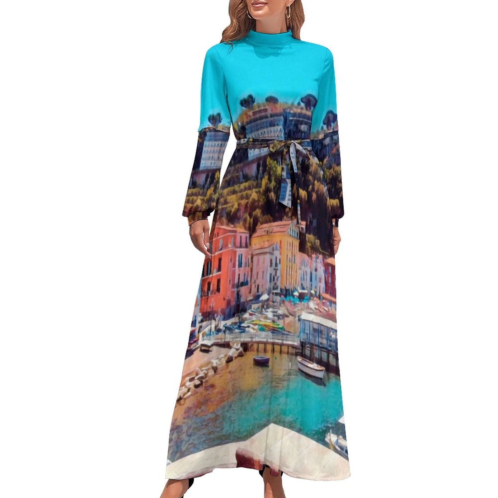 Hawaii Beach Dress Palm Tree Pirnt Sexy Fashion Maxi Dress High Waist Long Sleeve Street Wear Boho Beach Long Dresses