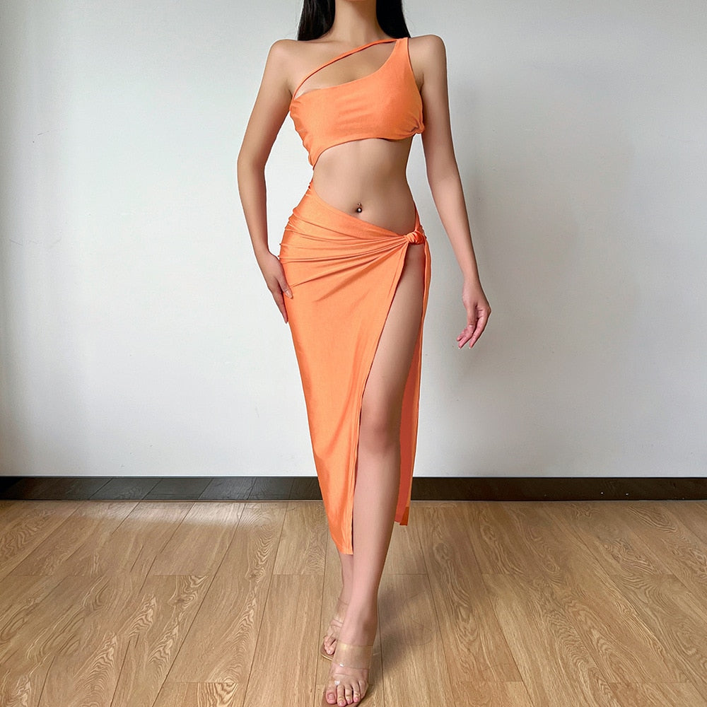 Graduation Gift Back to School Season 2024 One Shoulder Beach Maxi Dress Women Summer Brown Backless Sleeveless Split Elegant Dresses Party