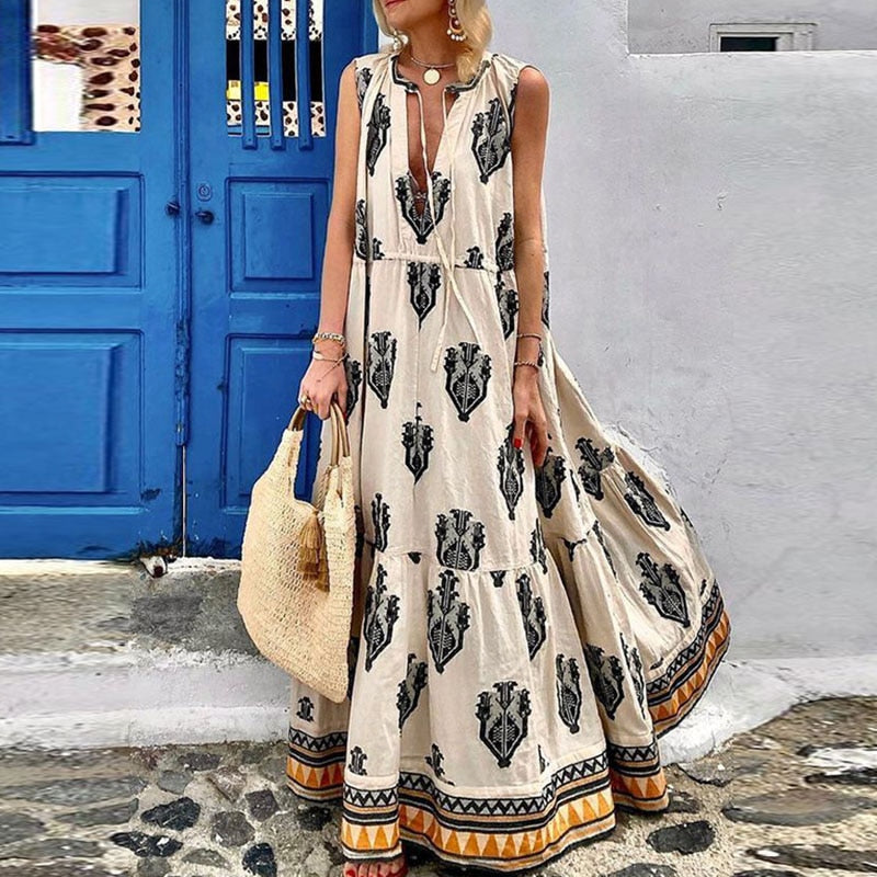 Half Open Collar Summer Streetwear Print Dress Bohemian Female Casual Sleeveless Long Dress Women Vintage Patchwork Loose Dress