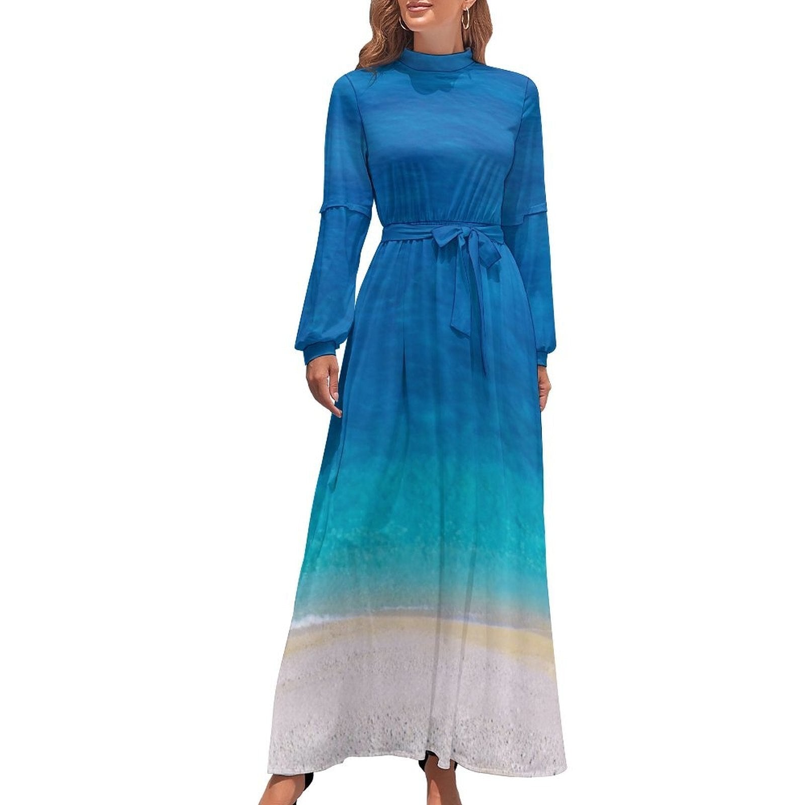 Hawaii Beach Dress Palm Tree Pirnt Sexy Fashion Maxi Dress High Waist Long Sleeve Street Wear Boho Beach Long Dresses