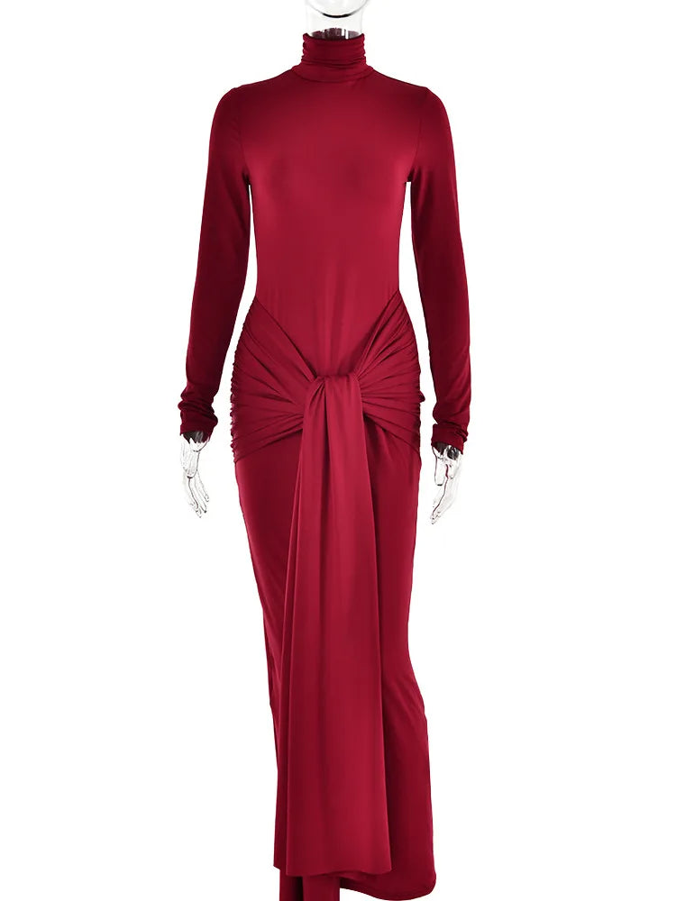 High Neck Long Sleeve Bodycon Dress For Women Tight Elastic Lace Up Maxi Long Dress Autumn 2024 New Party Club Vestidos