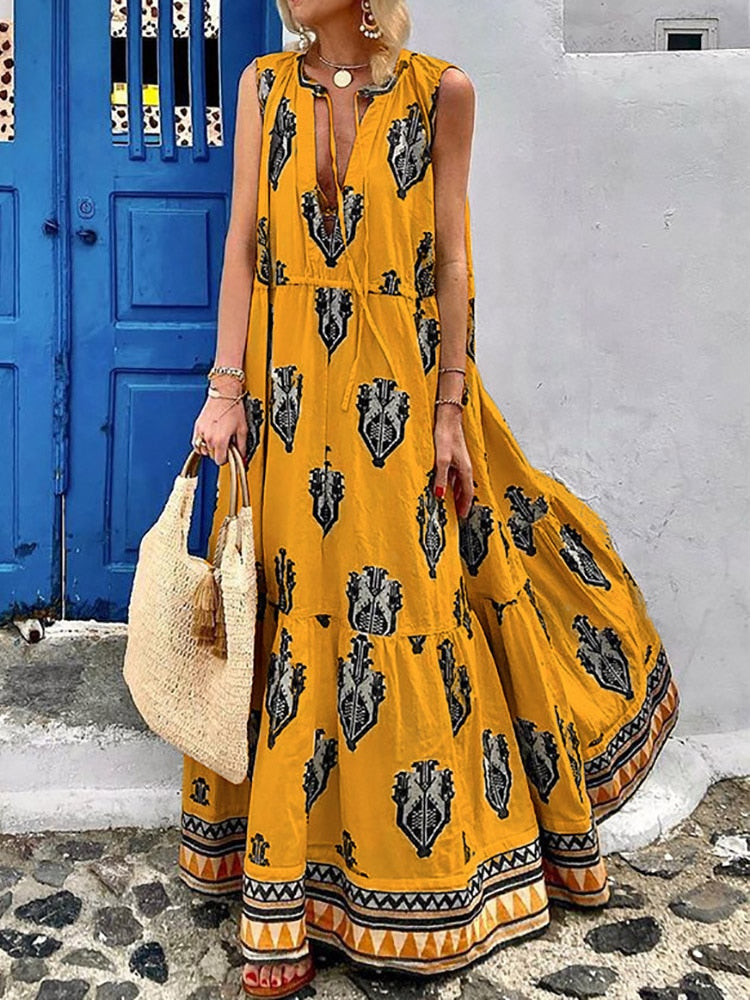 Half Open Collar Summer Streetwear Print Dress Bohemian Female Casual Sleeveless Long Dress Women Vintage Patchwork Loose Dress