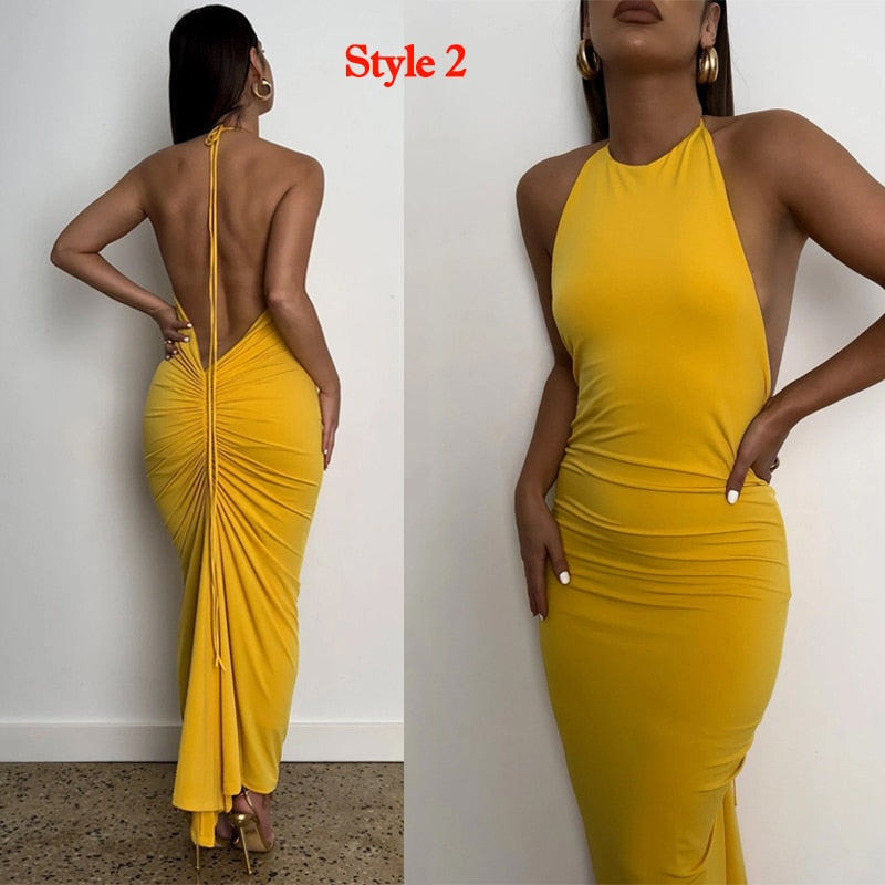 Green Backless Maxi Dress Elegant Halter Ruched Evening Party Dresses for Women Summer Sleeveless Slim Long Club Outfits