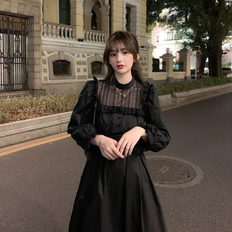 Gothic Black Lace Dress Women Casual Elegant Party Midi Ruffle Long Sleeve Dress Emo Y2k Goth Clothes 2022 Spring Robes