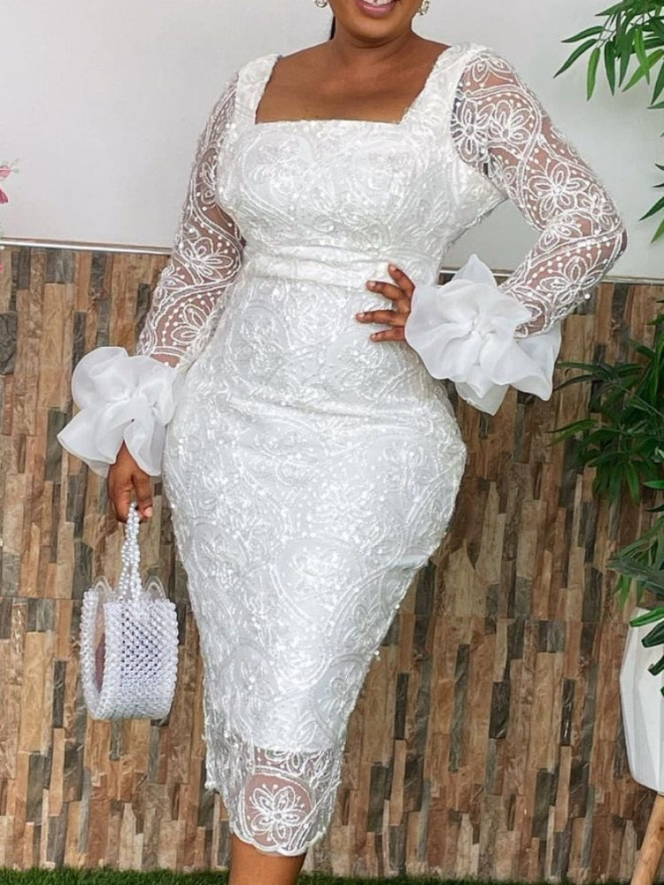 Guest Wedding Dress Woman Bodycon Shiny Square Collar Long Sleeves Lace Patchwork Birthday African Party Event Occasion Gown New