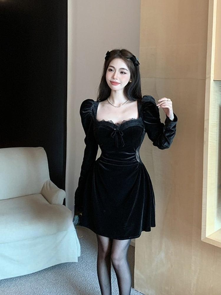 Gothic Vintage Balck Long Sleeve Dress Woman Elegant Fashion Velvet Midi Dress Korean Style Even Party Dress Casual 2023 Spring