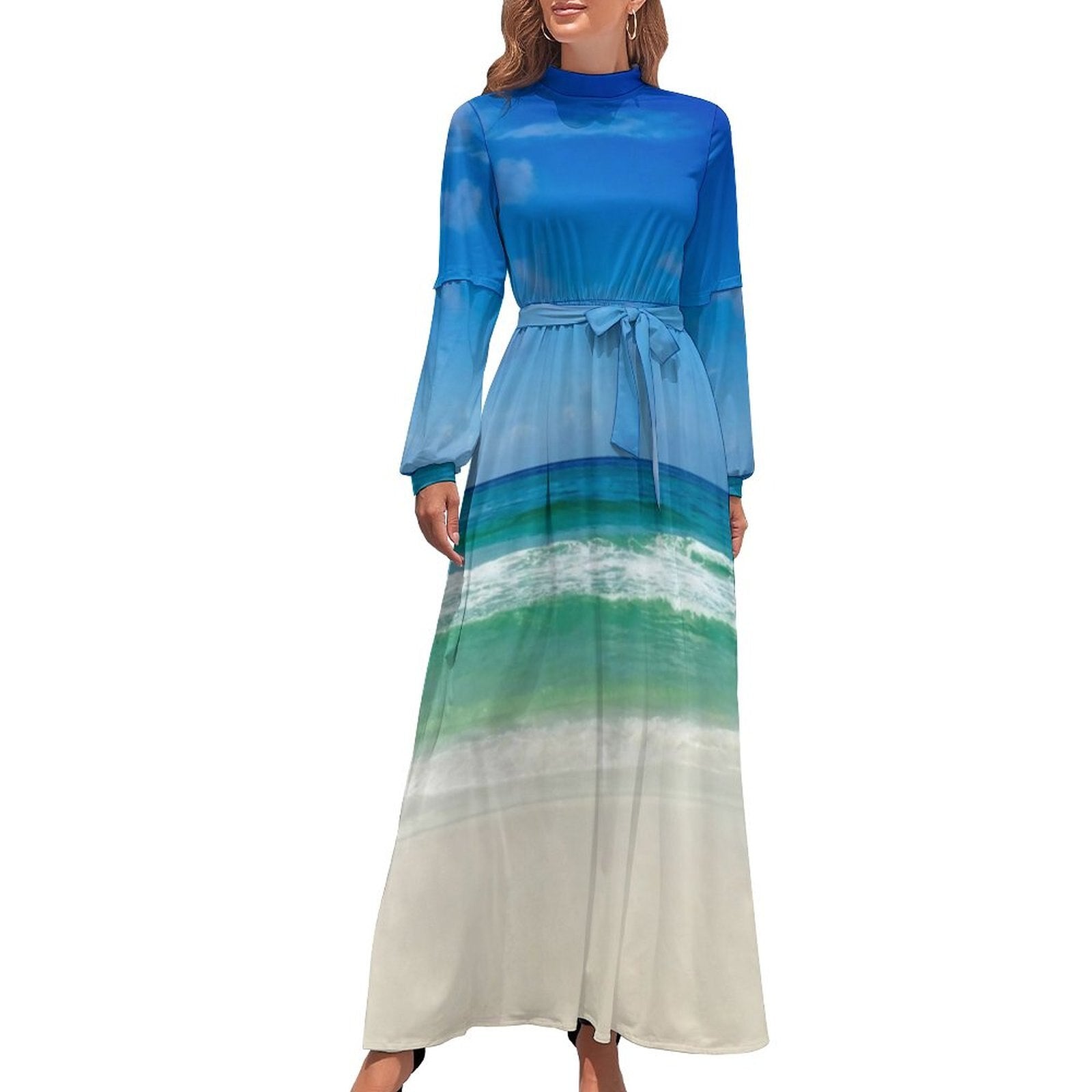 Hawaii Beach Dress Palm Tree Pirnt Sexy Fashion Maxi Dress High Waist Long Sleeve Street Wear Boho Beach Long Dresses