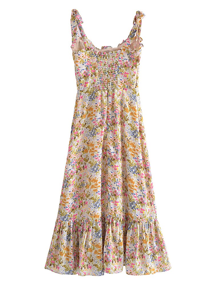 Holiday Style Floral Print Ruffles Elastic Waist Lace-Up Strap Dress