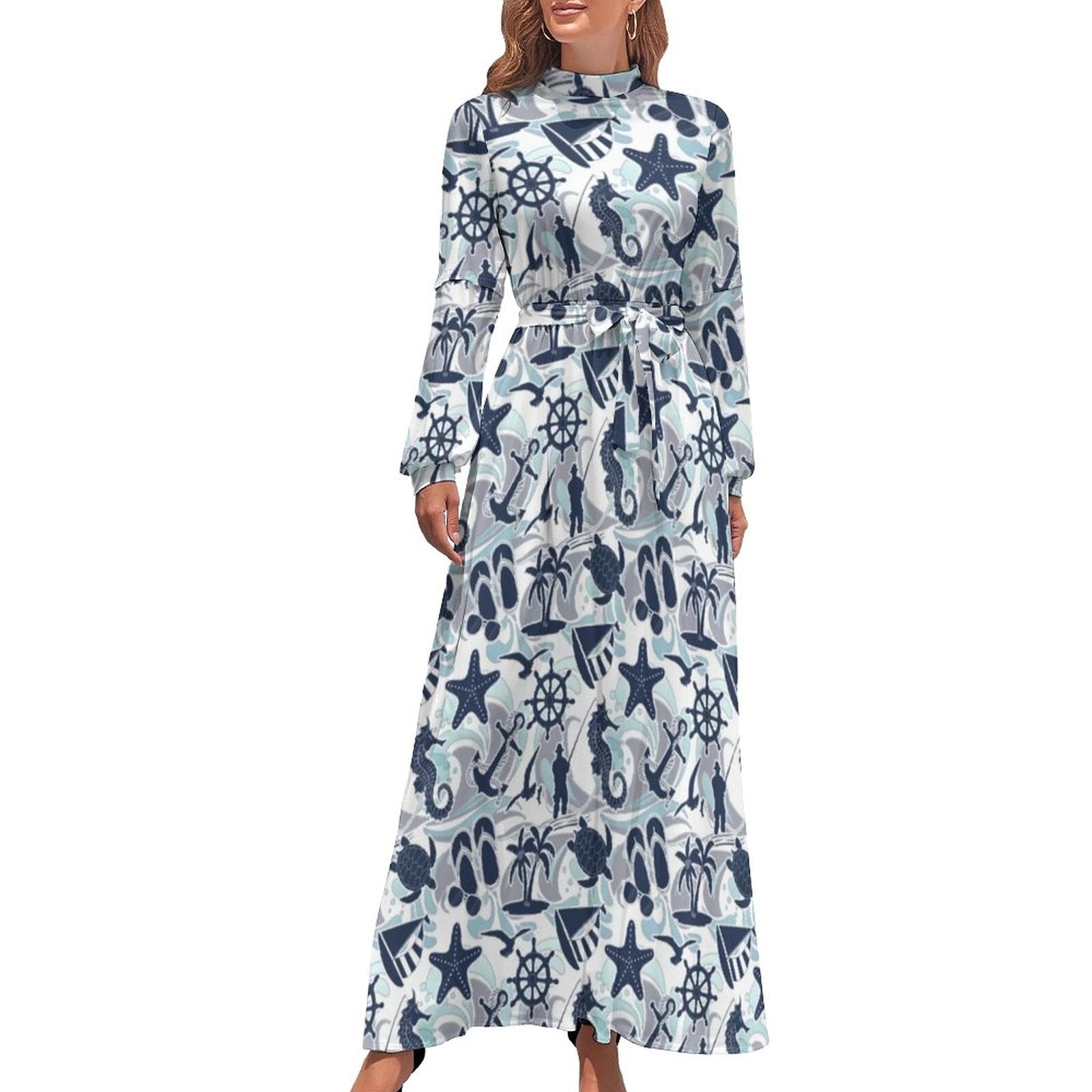 Hawaii Beach Dress Palm Tree Pirnt Sexy Fashion Maxi Dress High Waist Long Sleeve Street Wear Boho Beach Long Dresses