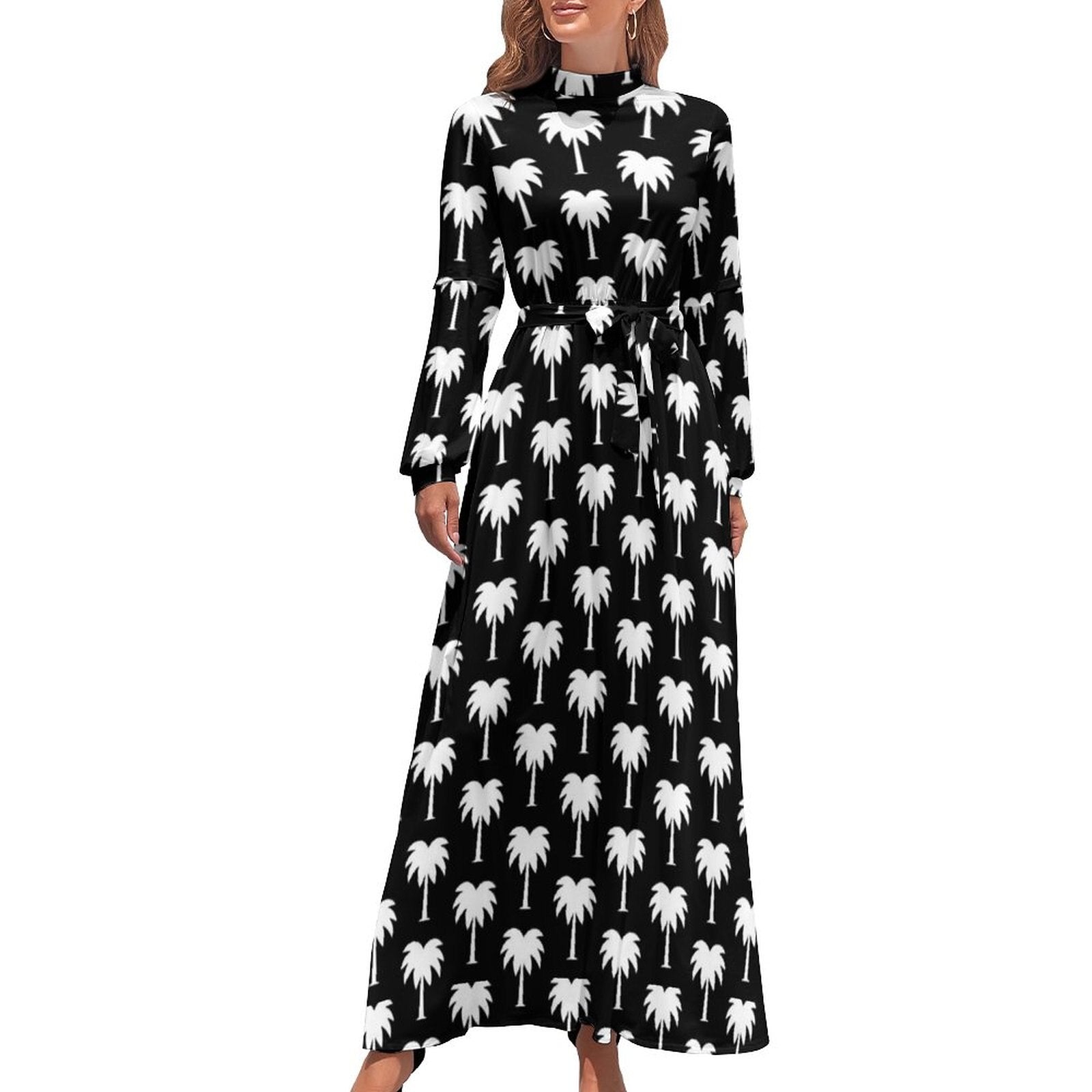 Hawaii Beach Dress Palm Tree Pirnt Sexy Fashion Maxi Dress High Waist Long Sleeve Street Wear Boho Beach Long Dresses
