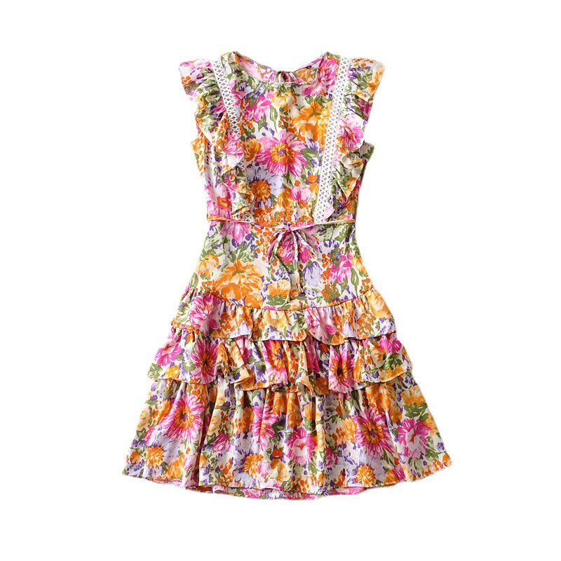 Happie Queens Women Floral Print O-neck Beach Bohemian Dresses Ruffles Button Cotton Sexy Mini Dress Vestidos