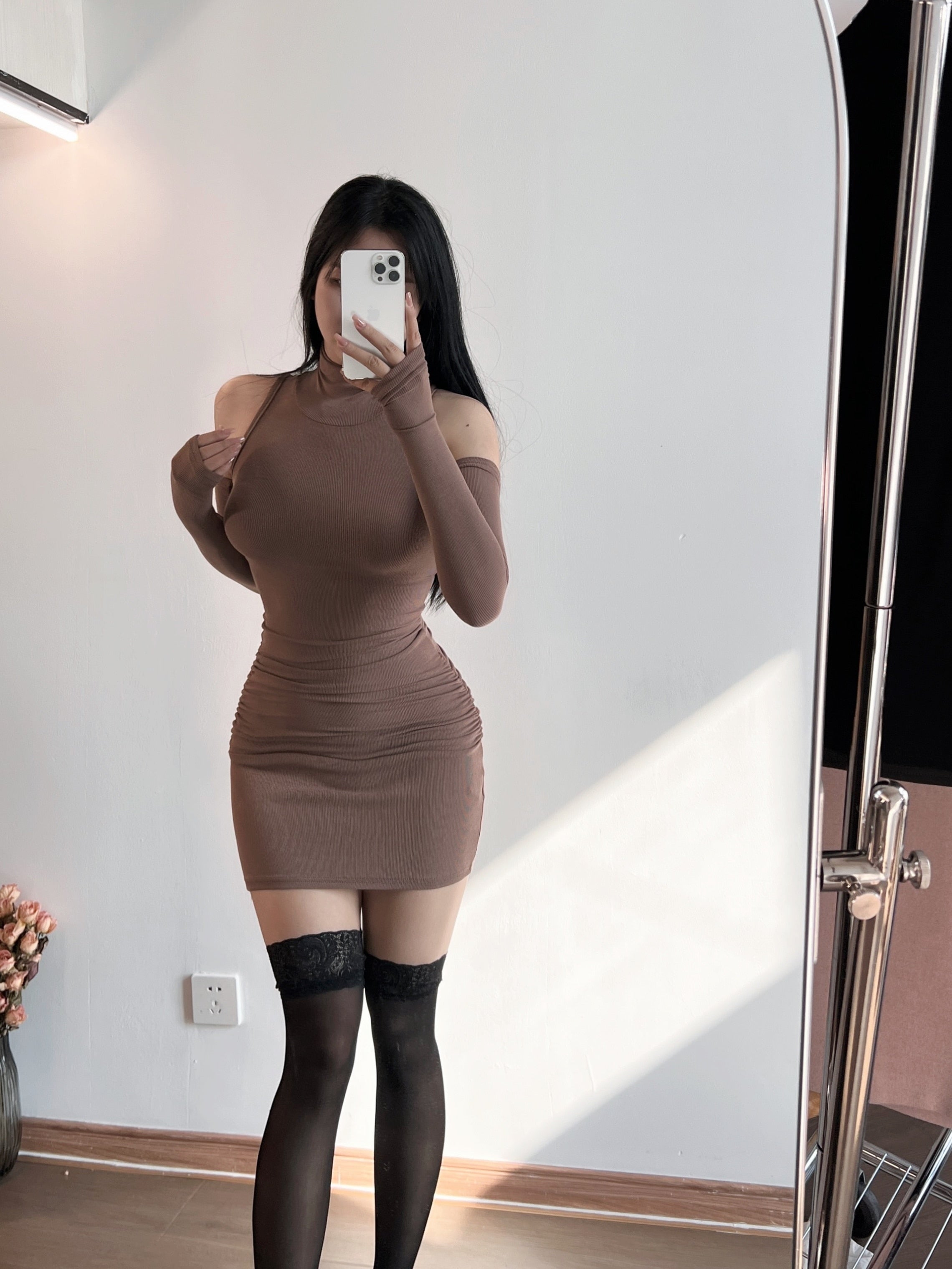 Grape Purple High Neck Slim Body Mini Dress Women Hot Girls Sexy Slim Hip Wrap Dresses Long Sleeve Winter 8WOL