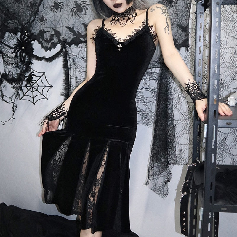 Halloween Gothic Dress Goth Lolita Y2K Mini Black Draped Bodycon Vintage Birthday for Women Satin Spring