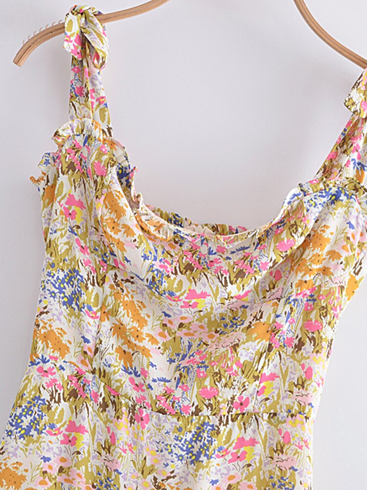 Holiday Style Floral Print Ruffles Elastic Waist Lace-Up Strap Dress