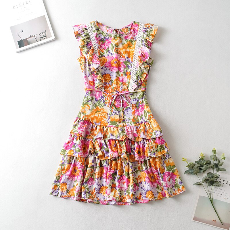 Happie Queens Women Floral Print O-neck Beach Bohemian Dresses Ruffles Button Cotton Sexy Mini Dress Vestidos