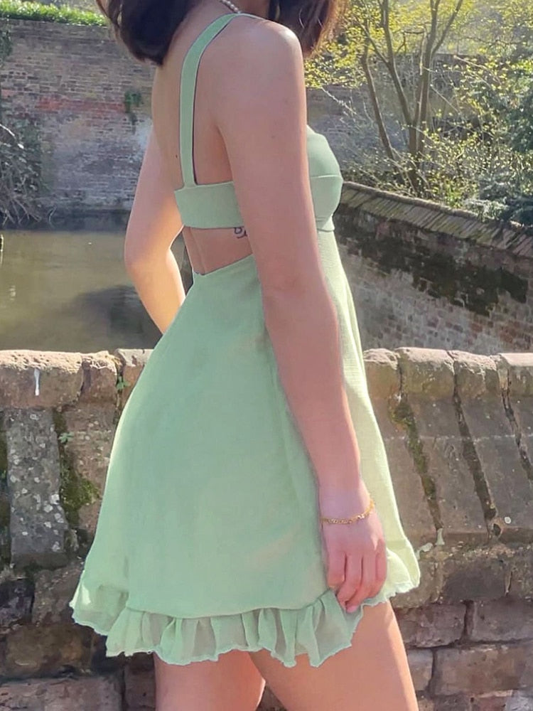 Green Sweet Female Short Dress Chic Aesthetic Y2K Cute Sleeveless Summer Dresses Hollow Backless Ruffles Dress