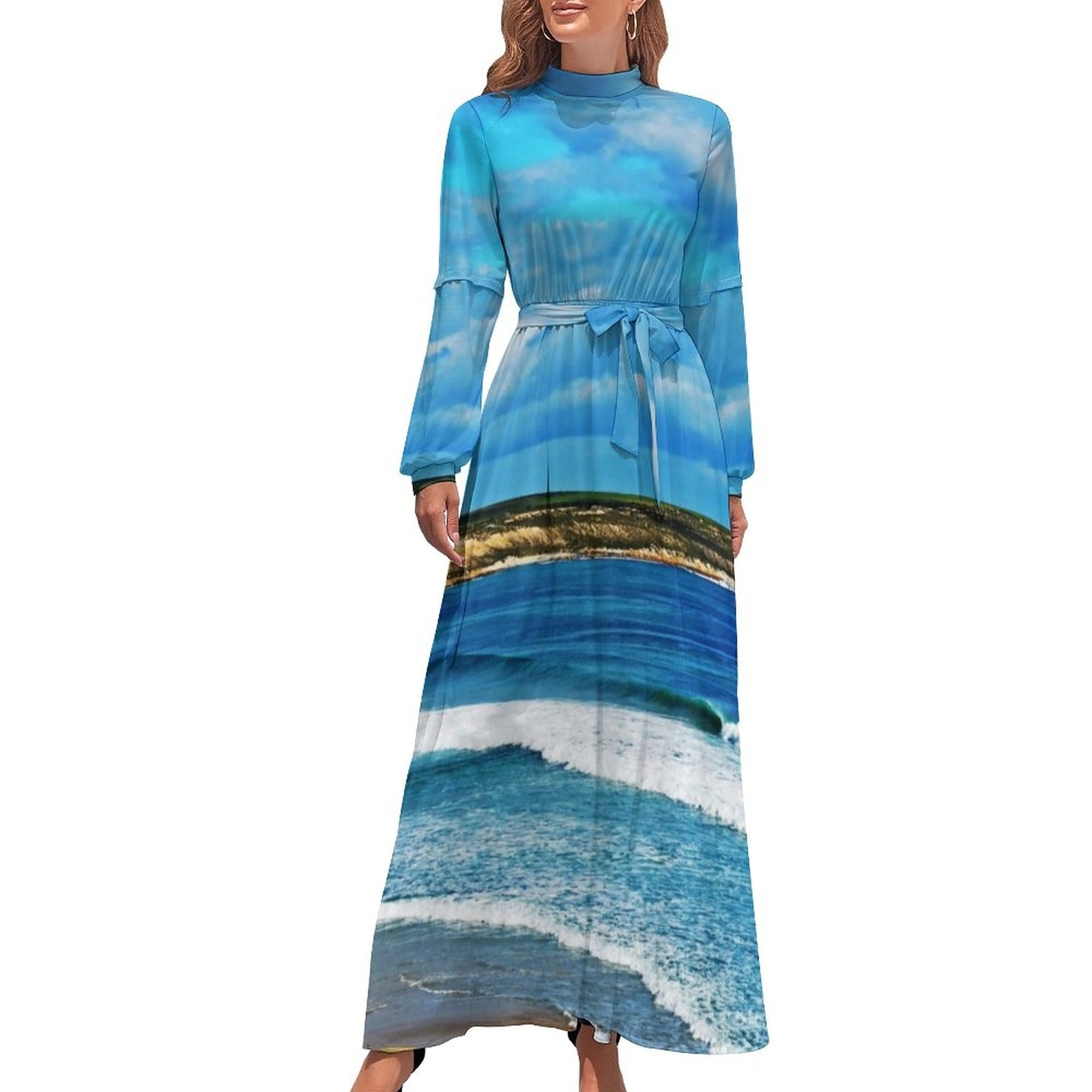 Hawaii Beach Dress Palm Tree Pirnt Sexy Fashion Maxi Dress High Waist Long Sleeve Street Wear Boho Beach Long Dresses