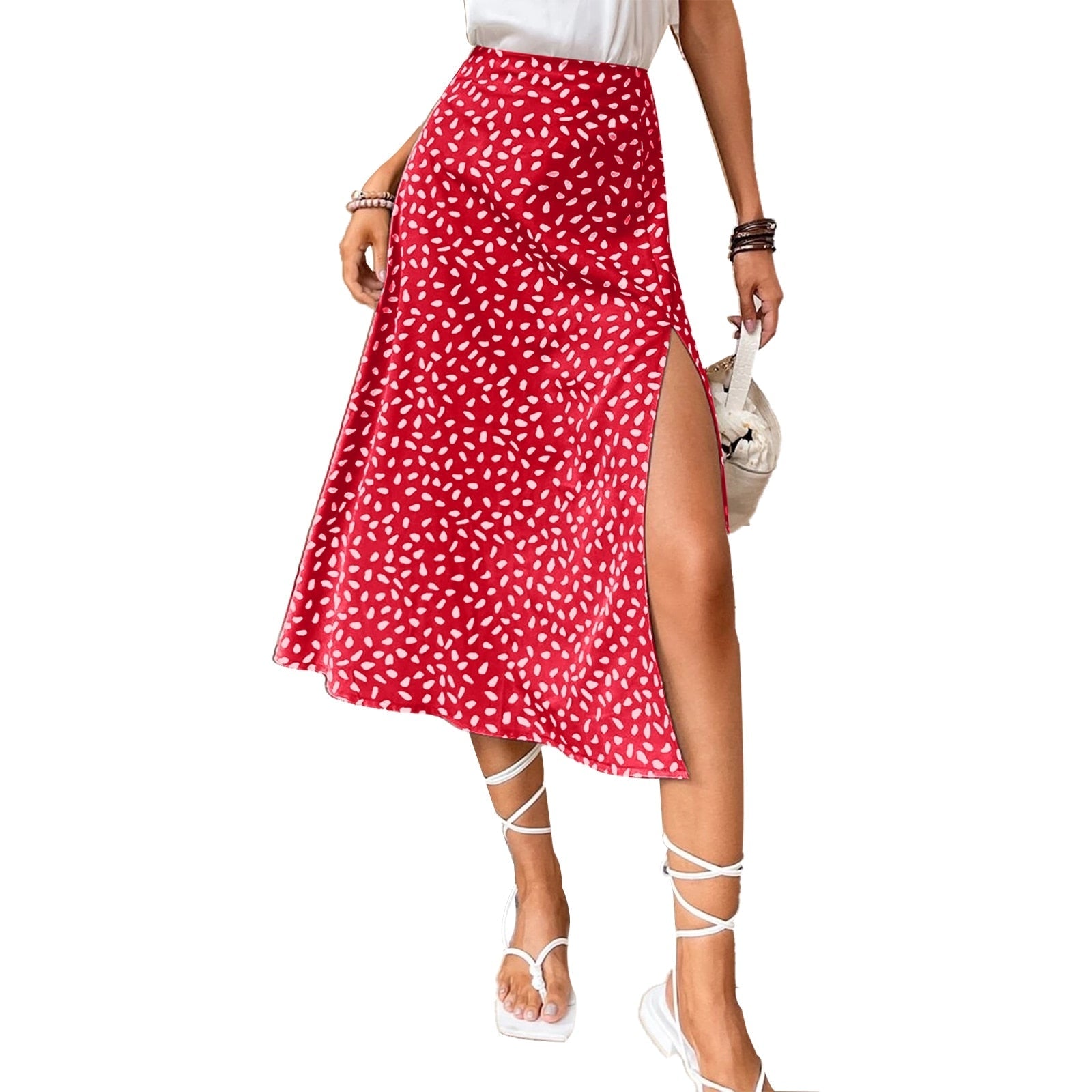 Green Boho Split Thigh Allover Print Women Skirts Elegant Dresses  Slit Long Length High Waist With Zipper Slight Stretch