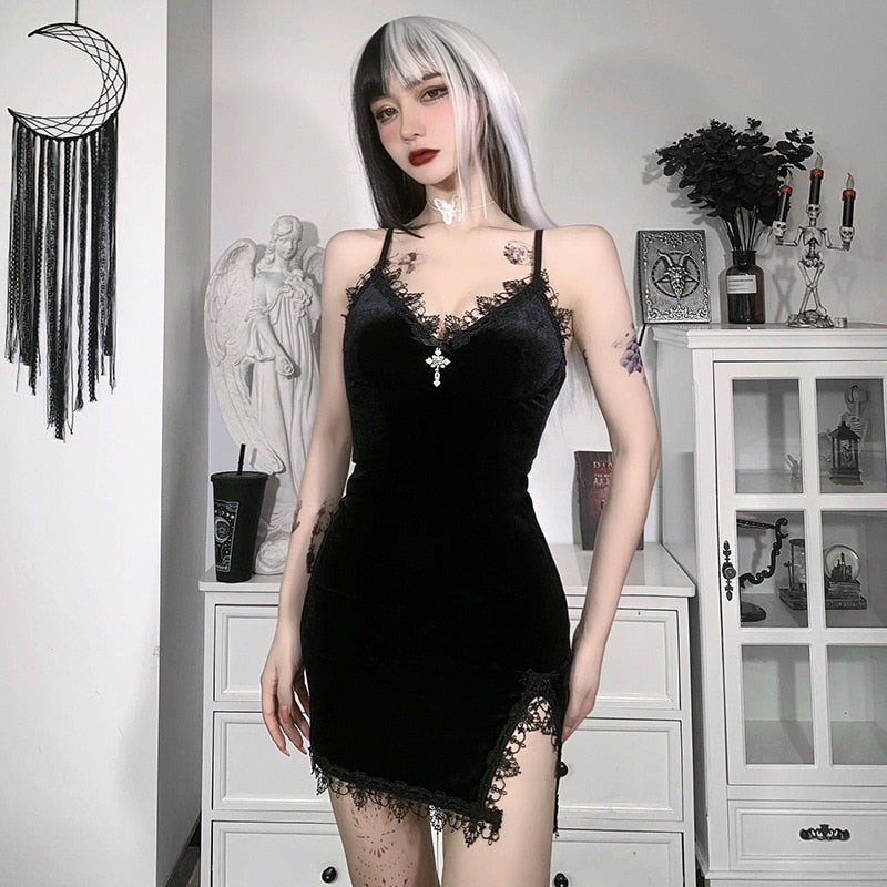 Halloween Gothic Dress Goth Lolita Y2K Mini Black Draped Bodycon Vintage Birthday for Women Satin Spring
