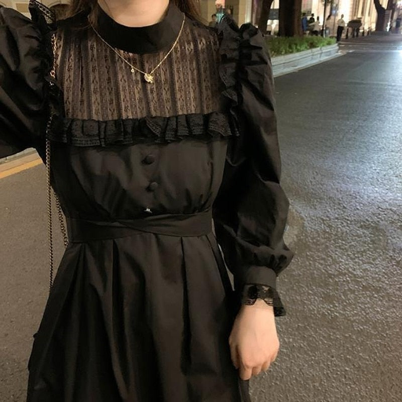 Gothic Black Lace Dress Women Casual Elegant Party Midi Ruffle Long Sleeve Dress Emo Y2k Goth Clothes 2022 Spring Robes