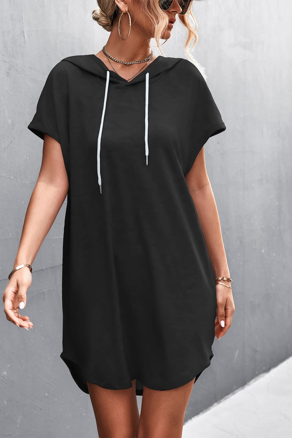 Grey Loose ShortSleeve Hooded Dress Women Streetwear Simple Casual Sports Dresses SolidColor Hoody Dress Casual Basic Mini Dress