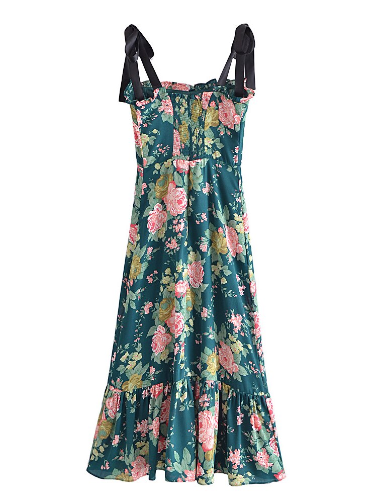 Holiday Style Floral Print Ruffles Elastic Waist Lace-Up Strap Dress