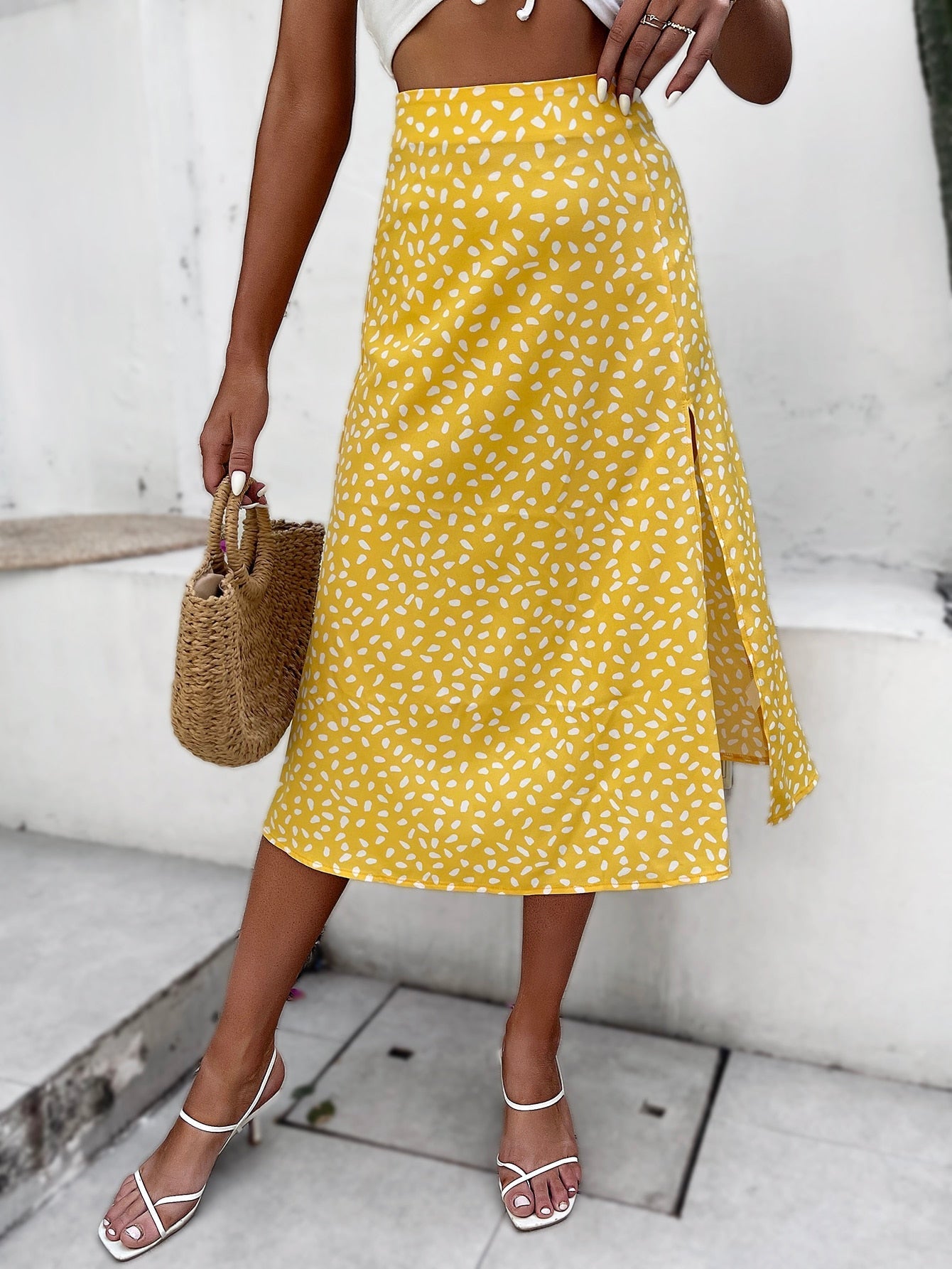 Green Boho Split Thigh Allover Print Women Skirts Elegant Dresses  Slit Long Length High Waist With Zipper Slight Stretch
